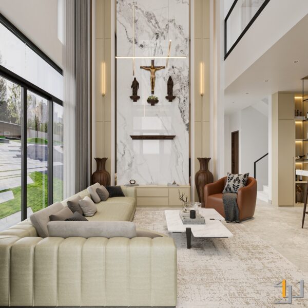 Phòng khách hiện đại trần cao với sofa chữ L màu be, cửa kính lớn nhìn ra vườn và piano đen.