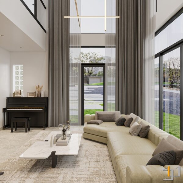 Bản vẽ mặt bằng chi tiết bố trí nội thất phòng khách và bếp ăn theo phong cách hiện đại, tối ưu không gian và ánh sáng tự nhiên.