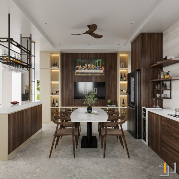 Thiết kế phòng ngủ hiện đại với giường tầng tích hợp tủ quần áo, bàn học và kệ sách cạnh cửa sổ, tối ưu không gian.