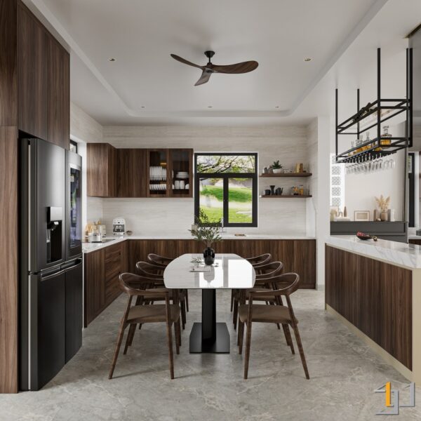 Phòng ngủ trẻ em hiện đại với giường tầng vòm cong, bàn học cạnh cửa sổ và kệ sách tích hợp.