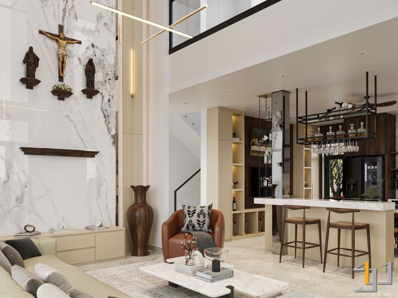 Hành lang hiện đại với hệ tủ âm tường kịch trần màu kem và nâu gỗ, tối ưu lưu trữ.