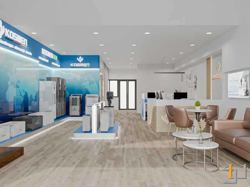 Thiết kế showroom KOSMEN Vạn Phúc City hiện đại, khu vực trưng bày sản phẩm, quầy lễ tân và khu tiếp khách màu xanh trắng nổi bật.