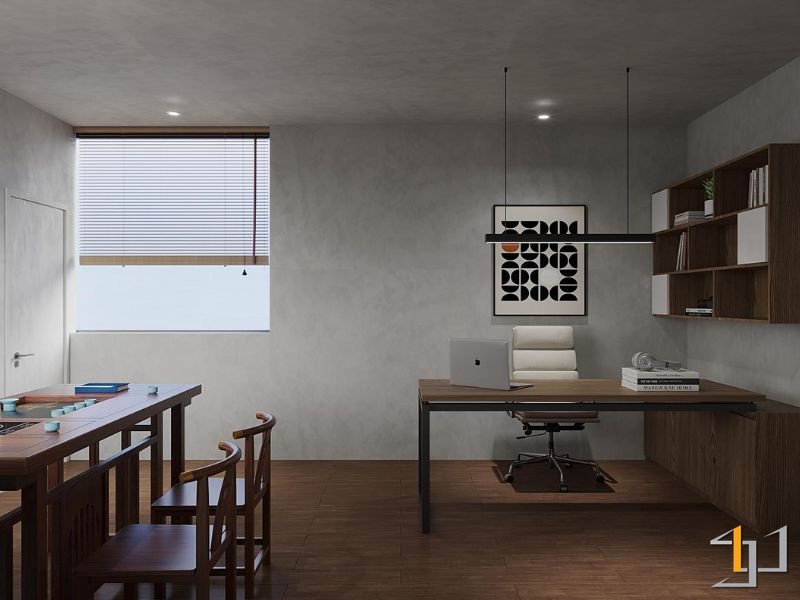 Văn phòng hiện đại phong cách Japandi với bàn làm việc chữ L, kệ sách gỗ và khu vực trà đạo thư giãn.