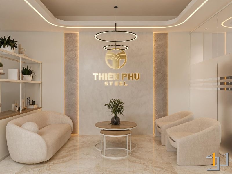 Phòng họp văn phòng hiện đại tại Thiên Phú Office với TV di động, bàn họp gỗ sáng và ghế văn phòng bọc da đen, đèn trần tròn ấn tượng và cửa sổ có rèm cuốn.