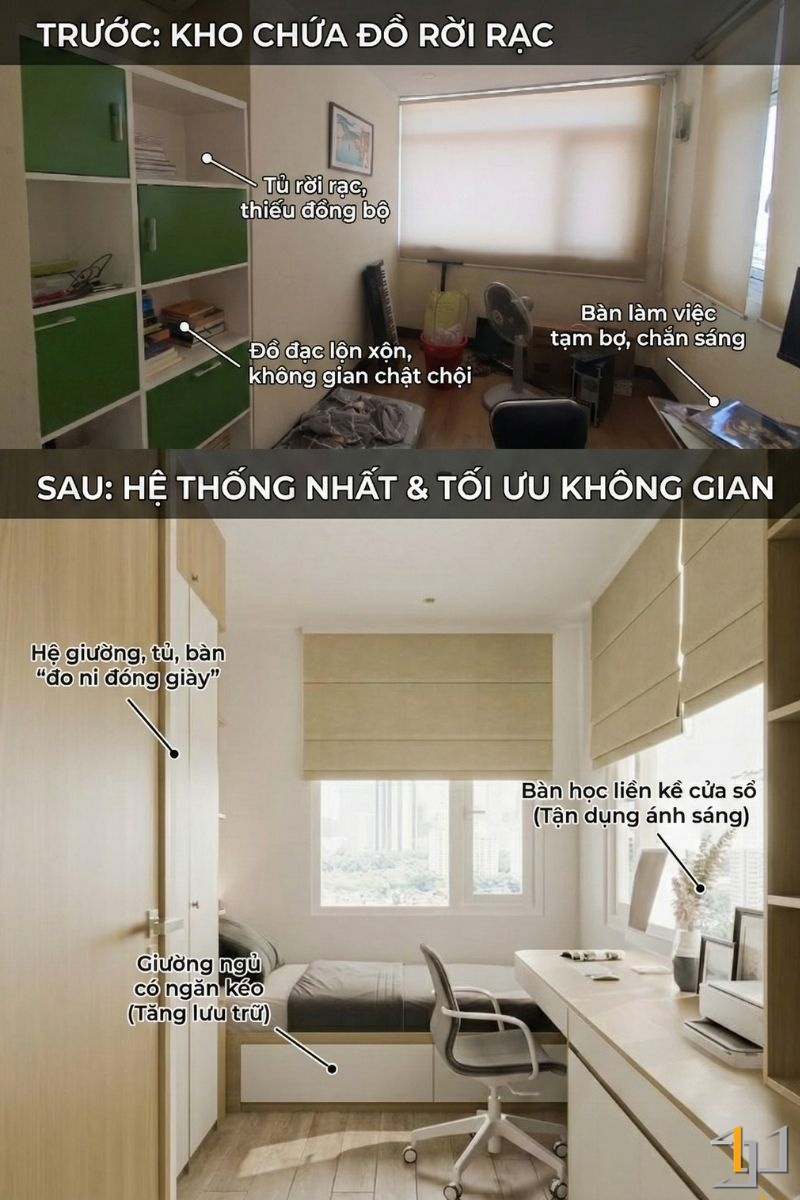 Thay hệ tủ, sử dụng giường dạng bục, bàn làm việc gắn tường và căn phòng đã trở nên rộng rãi hơn mà vẫn đáp ứng đủ nhu cầu