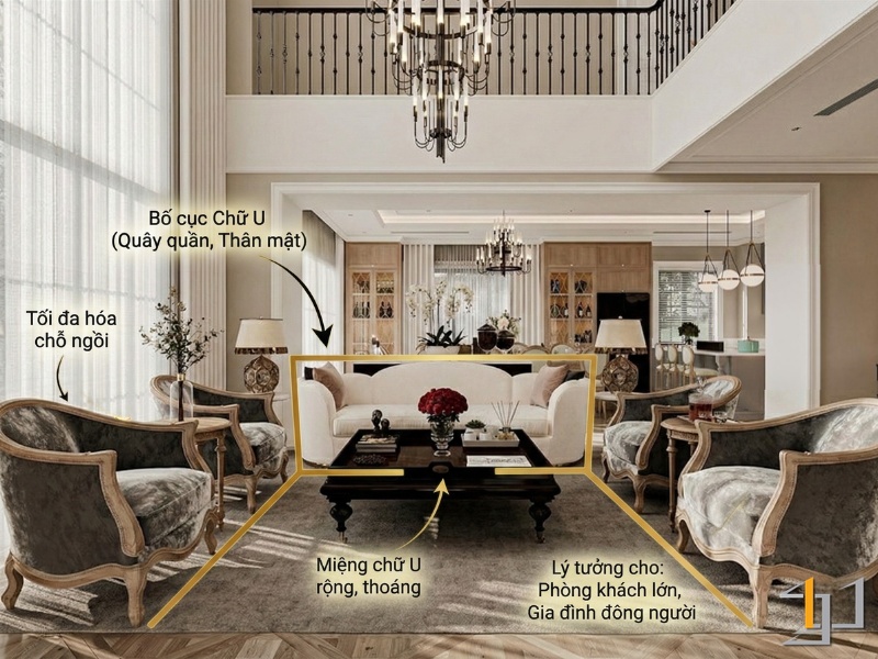 Gồm một sofa chính và hai sofa/ghế bành đặt ở hai bên, tạo thành hình chữ U quây quần quanh bàn trà
