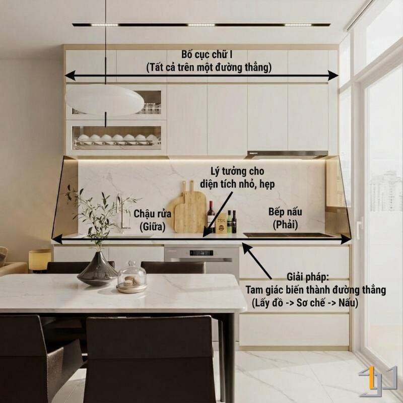 Với không gian có hạn, bố cục chữ I cho phép một không gian nấu nướng đầy đủ mà không quá chật