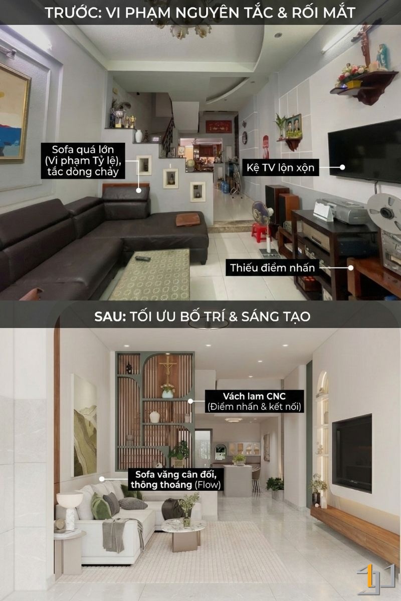 Sàn gạch sáng màu và hệ thống đèn LED downlight & spotlight (Nguyên tắc 6: Ánh sáng) giúp không gian bừng sáng