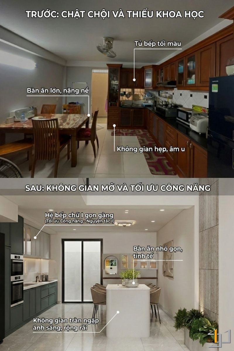 Bế nấu được đổi bên và tiết giảm các chi tiết để tập trung tạo nên một không gian thoáng đãng hơn