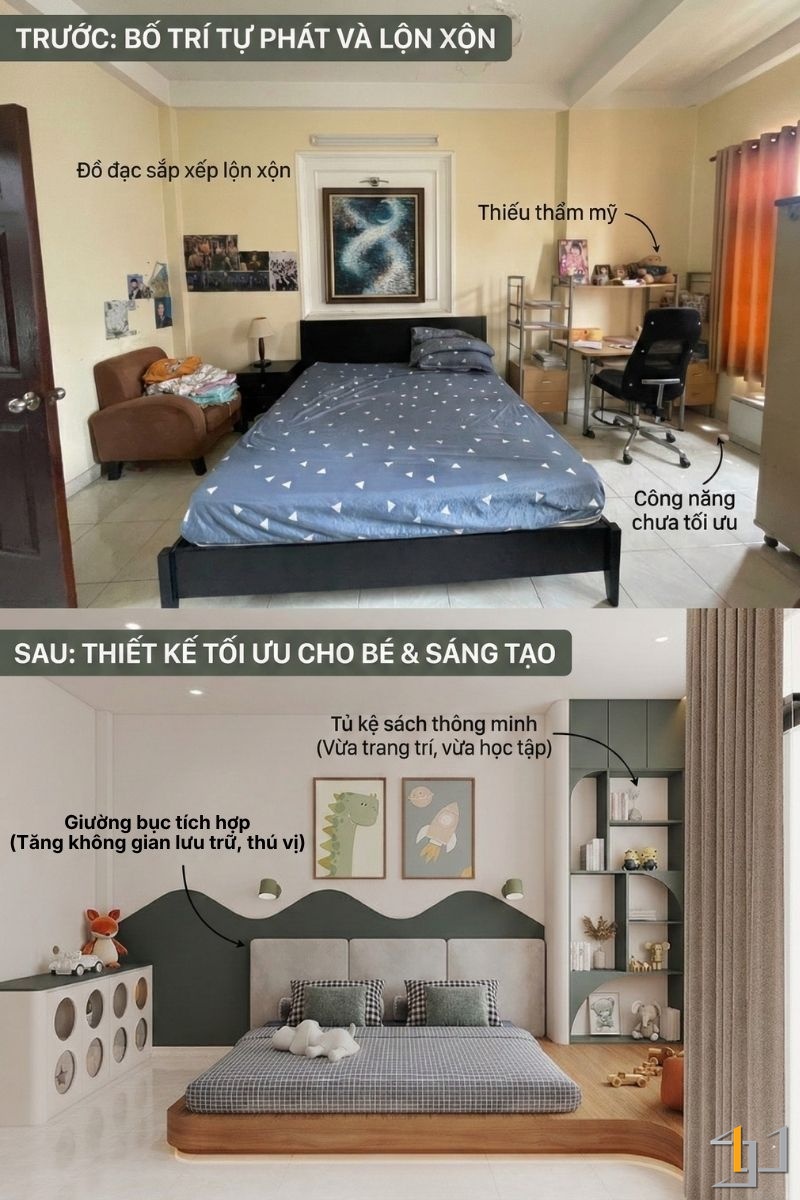 Phòng ngủ của bé cũng đã được thiết kế lại cho phù hợp hơn với lứa tuổi dựa trên tiêu chuẩn lớn lên cùng bé của S.Housing