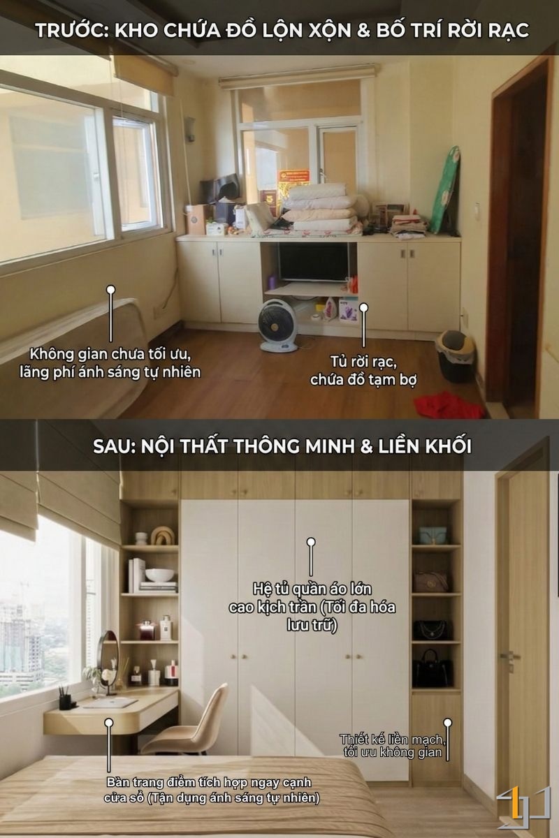 Căn phòng trông gọn hơn mà vẫn lưu trữ được nhiều đồ và còn có thêm bàn trang điểm nhìn xuống view thành phố