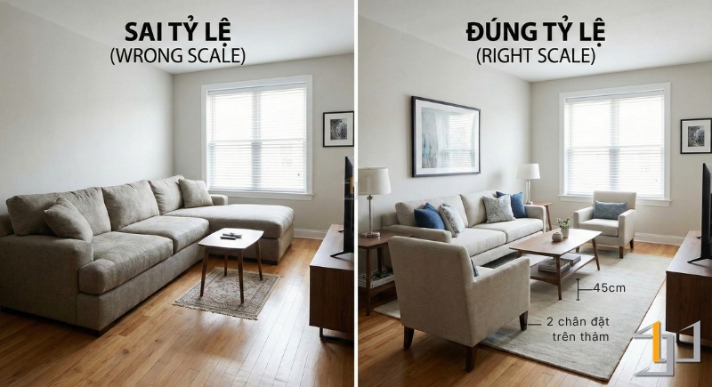 Nội thất tuy không nhất thiết phải bằng nhau nhưng tỉ lệ tương quan với nhau tạo nên một tổng thể cân bằng