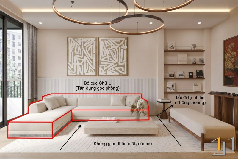Sử dụng sofa góc hoặc kết hợp một sofa dài với một sofa ngắn hơn đặt vuông góc