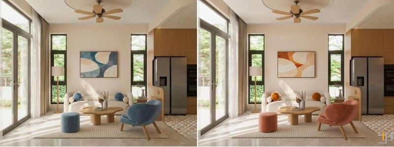 Hue quyết định cảm xúc và phong cách không gian, giúp phối màu hài hòa theo bánh xe để tạo sự thống nhất hoặc tương phản