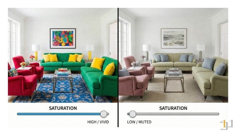 Độ bão hoà kiểm soát năng lượng thị giác của không gian, giúp cân bằng giữa nổi bật và thư giãn