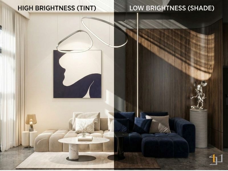 Độ sáng điều chỉnh cảm nhận về kích thước và không khí không gian, giúp tạo chiều sâu thị giác và cân bằng cảm xúc.