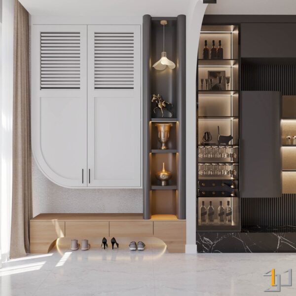 Thiết kế nội thất hiện đại với tủ giày tích hợp, kệ trang trí có đèn và quầy bar mini sang trọng.