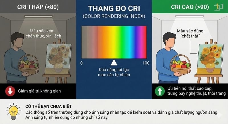 CRI cao giúp màu sắc nội thất, da người và vật dụng hiện rõ nét, chân thực, tạo cảm giác sang trọng