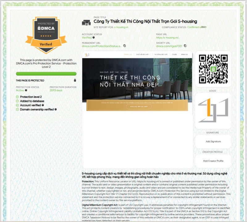 Chứng nhận DMCA được đăng ký bởi S.Housing