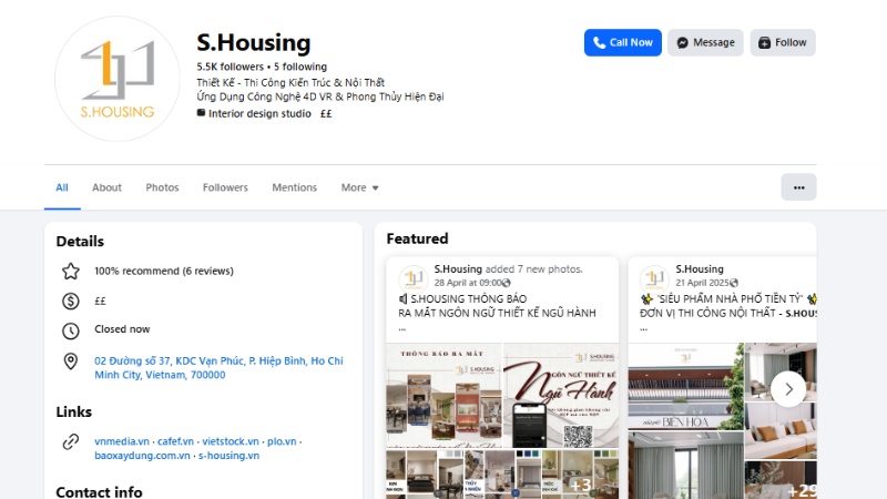 Fanpage chính thức của S.Housing có đầy đủ logo và thông tin liên hệ đồng bộ với website