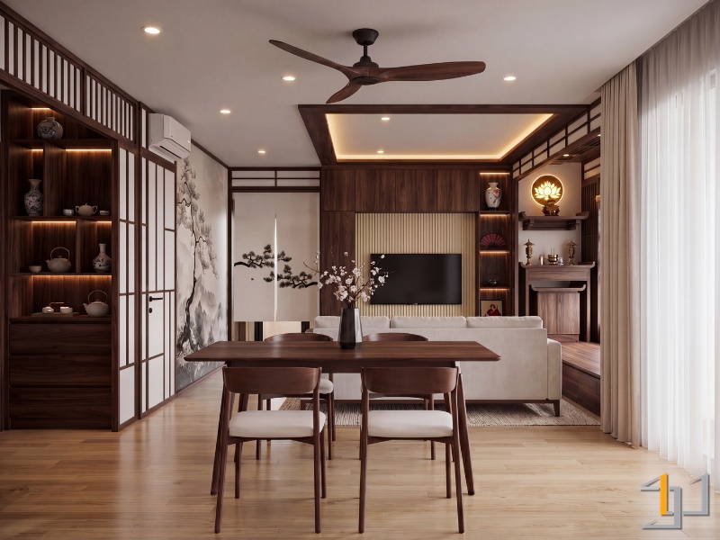 Nội thất căn hộ 3PN Vinhomes Grand Park phong cách Japandi với phòng khách, khu vực bàn thờ và kệ trang trí gỗ tự nhiên.
