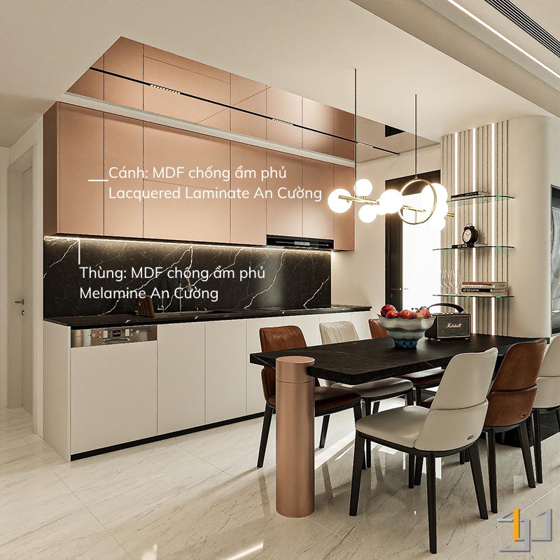 Tủ bếp trên vượt khổ phối hợp 2 loại bề mặt vật liệu Lacquered và Melamine
