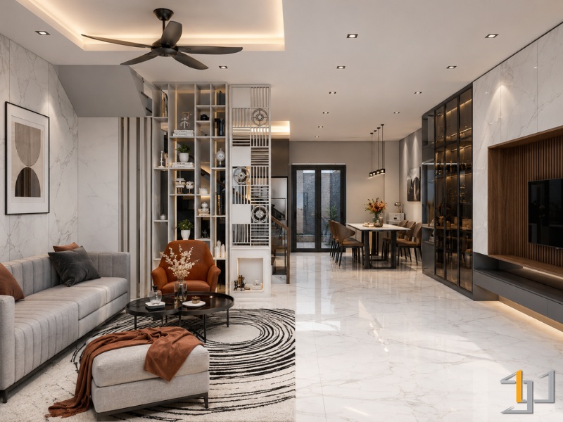 Sự tương phản giữa bề mặt gương kim loại và ánh sáng đèn tạo ra chiều sâu vô cực, giúp mở rộng không gian một cách ước lệ