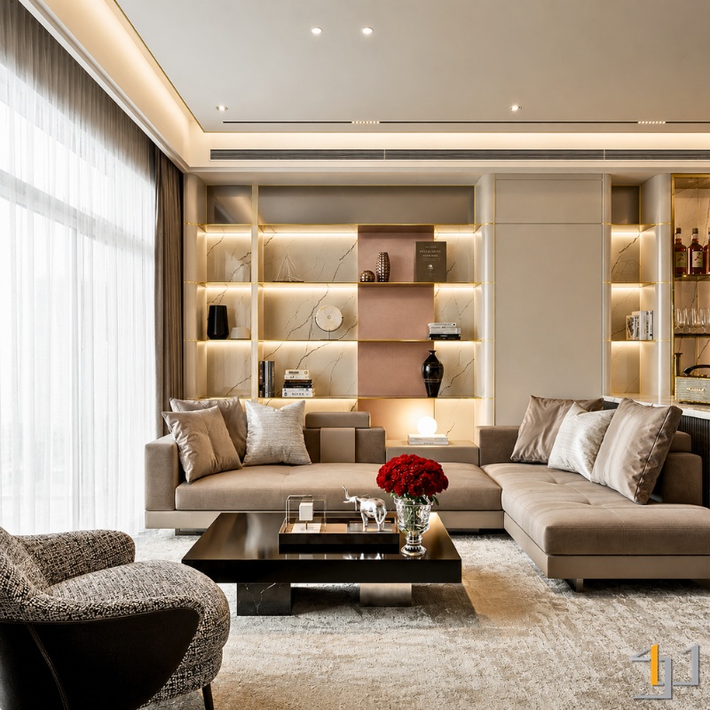 Chi tiết nẹp kim loại ở kệ trang trí sau sofa được sơn màu vàng champagne sang trọng phù hợp cho Dụng thần gia chủ