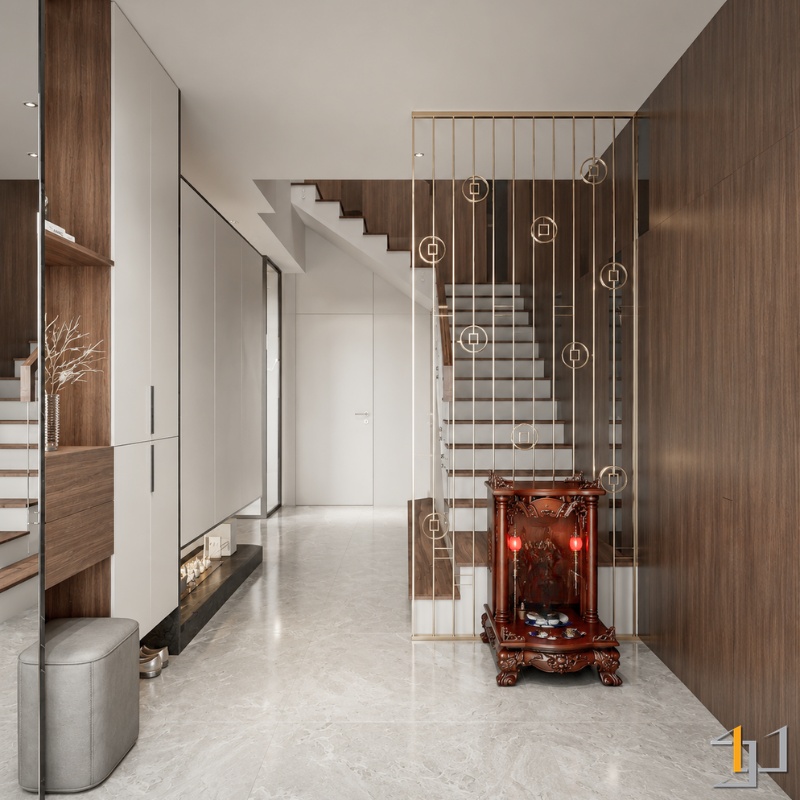 Các nan sắt được uốn cong tạo hình thành những đồng xu cách điệu ở khu vực cửa chính