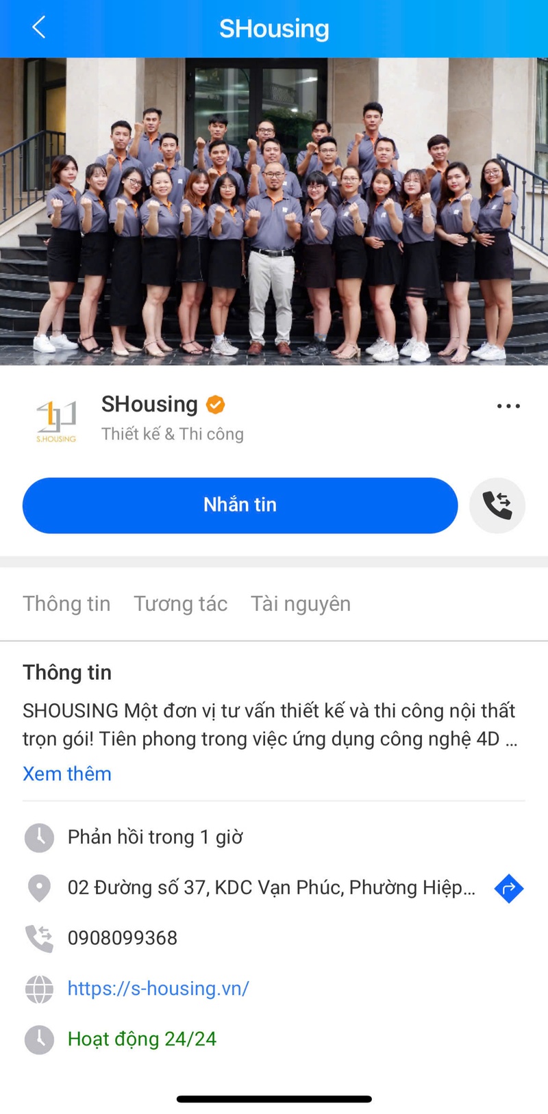 Tài khoản Zalo Official của S.Housing có phần thông tin liên hệ là tên miền và số điện thoại liên hệ 090 8099 368
