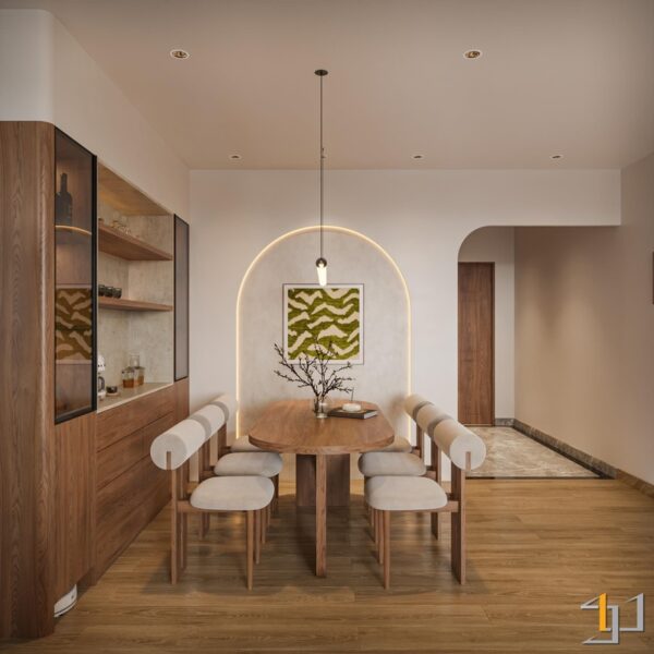 Phòng ăn phong cách hiện đại với bàn gỗ oval, ghế độc đáo, tủ âm tường và vòm trang trí có tranh rêu xanh.