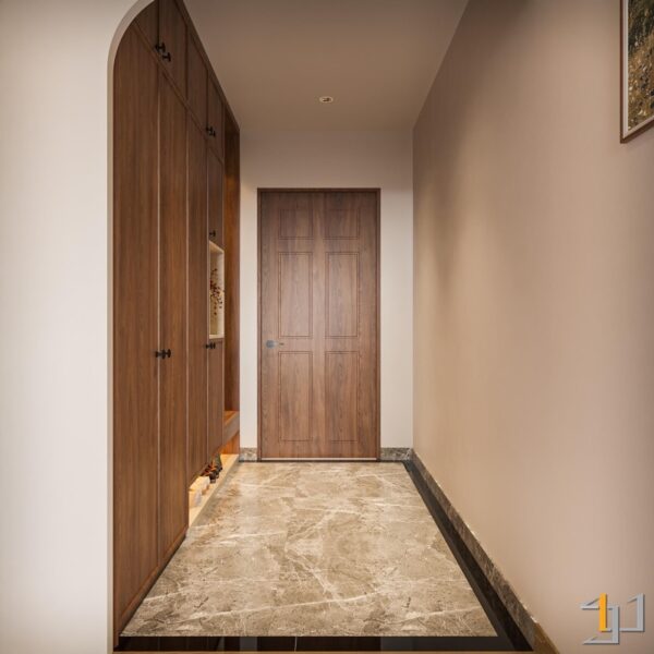 Thiết kế hành lang hiện đại với tủ gỗ âm tường lớn, sàn đá marble vân mây, tối ưu không gian lưu trữ và thẩm mỹ.
