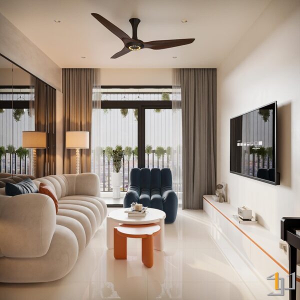 Phòng khách căn hộ hiện đại với sofa cong màu be, ghế đơn xanh, bàn trà thấp màu trắng cam và TV gắn tường.