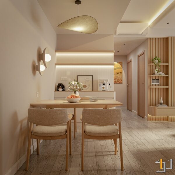 Thiết kế nội thất căn hộ Japandi với phòng ăn gỗ sáng, bếp tối giản và vách lam trang trí, mang đến không gian ấm cúng, thanh lịch.