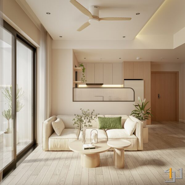 Phòng khách căn hộ Japandi với sofa be, bàn tròn gỗ và bếp mở đón ánh sáng tự nhiên.