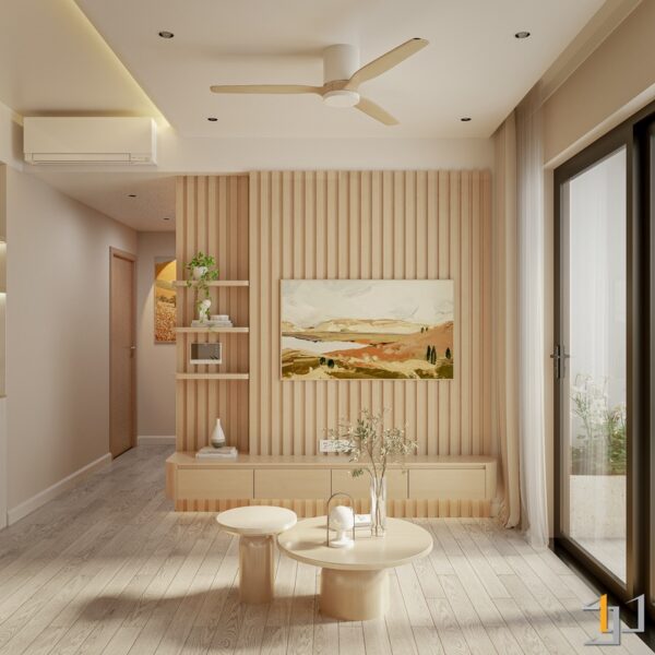 Nội thất phòng khách căn hộ phong cách Japandi với tường ốp gỗ thanh, tủ tivi âm và cửa kính lớn đón sáng tự nhiên.