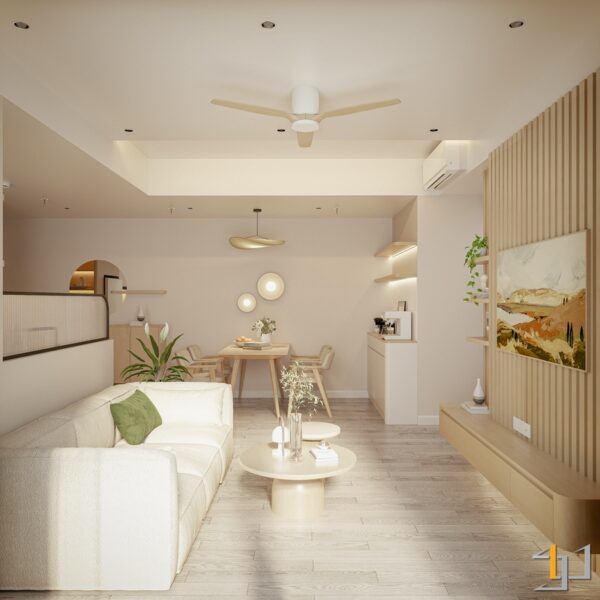Nội thất phòng khách và bếp căn hộ 2PN phong cách Japandi với sofa trắng, vách lam gỗ và tông màu tự nhiên.
