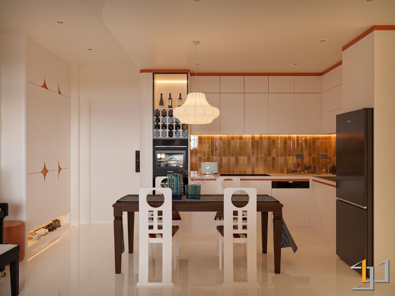 Thiết kế nội thất phòng bếp và ăn hiện đại với tủ bếp chữ L chất liệu MDF Melamine, tích hợp tủ rượu và kệ giày thông minh.