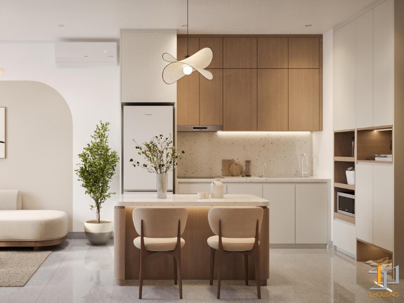 Bếp chữ I hiện đại tích hợp đảo, hệ tủ MDF chống ẩm phủ Melamine An Cường với tông gỗ và be nhẹ nhàng trong không gian mở.