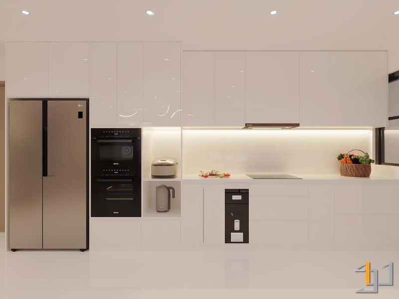 Tủ bếp Acrylic trắng bóng gương hiện đại với thiết bị nhà bếp tích hợp và ánh sáng thông minh.