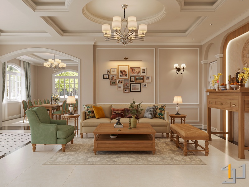 Nội thất phòng khách và phòng ăn liền kề phong cách tân cổ điển, tông màu be gỗ tự nhiên, ghế bành xanh lá
