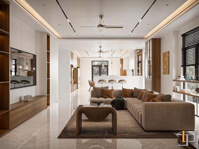 Phòng khách hiện đại, thiết kế mở, sofa chữ L màu be, nội thất gỗ ấm, sàn đá marble sáng, tông màu trung tính.