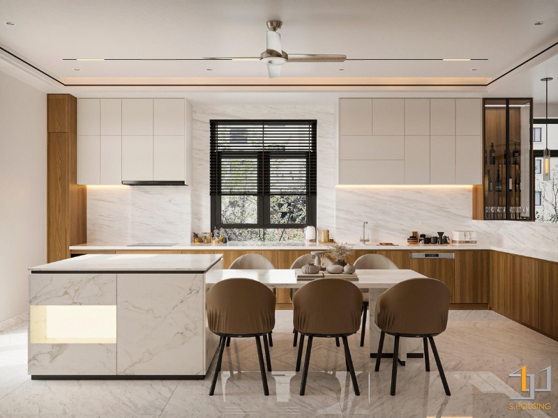 Bếp hiện đại với tủ Melamine màu gỗ và trắng, đảo bếp đá marble tích hợp ánh sáng, khu vực ăn uống tiện nghi.