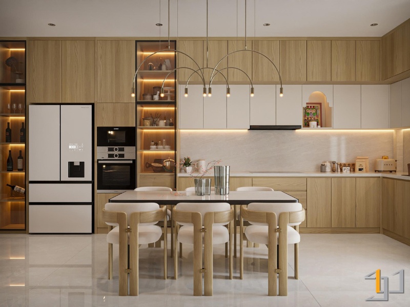 Tủ bếp Melamine chữ L hiện đại, tích hợp thiết bị, tông màu gỗ và trắng, có bàn ăn