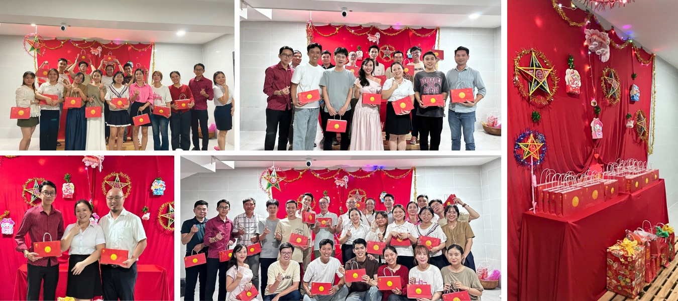 Trung Thu Cùng S.Housing Không gian lễ hội Trung Thu với trang trí đèn lồng, sắc đỏ vàng và người tham dự vui vẻ nhận quà tặng.